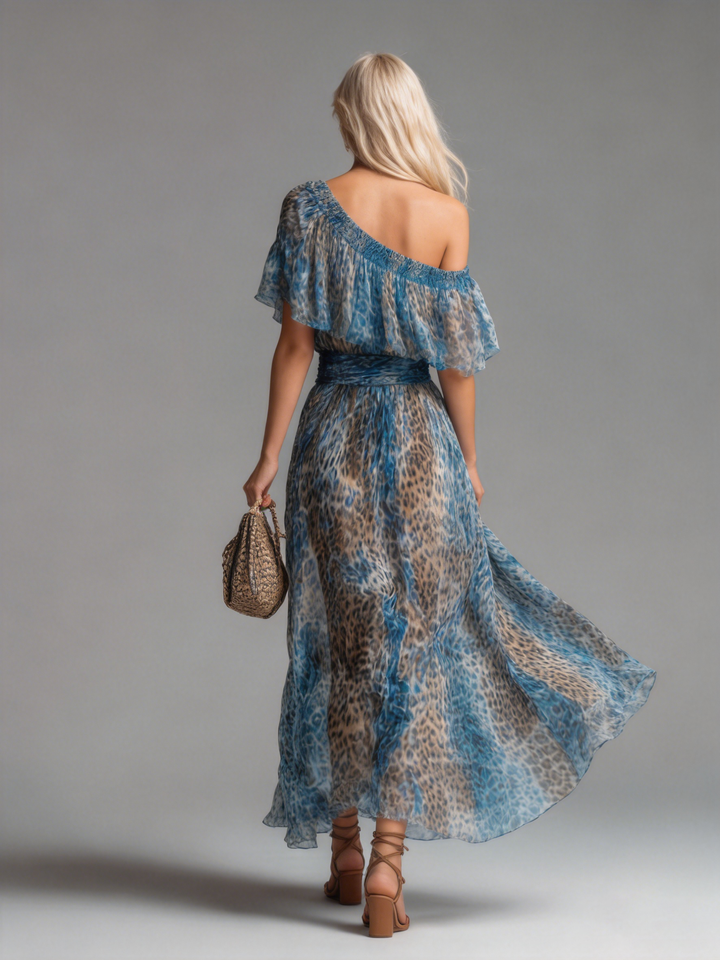 Charlotte | Off-Shoulder Chiffon Maxi-jurk met Panterprint