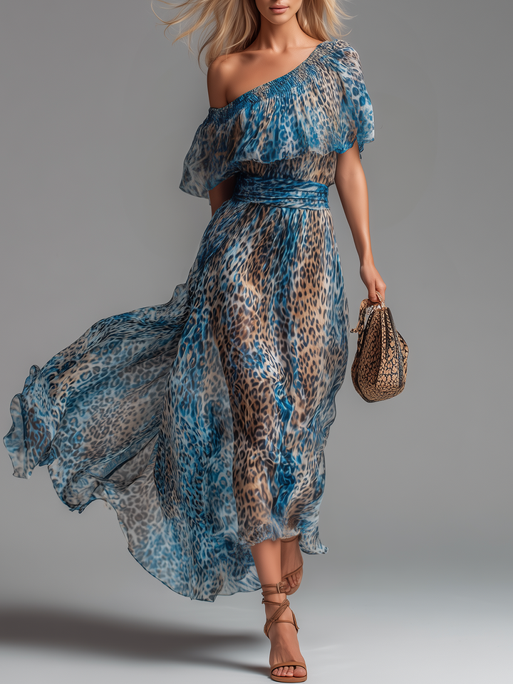 Charlotte | Off-Shoulder Chiffon Maxi-jurk met Panterprint
