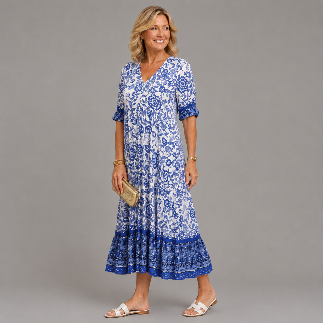 Sien | Bloemen Midi-jurk met V-hals