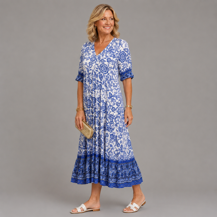 Sien | Bloemen Midi-jurk met V-hals