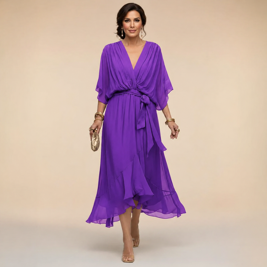 Cornelia | Gedrapeerde Chiffon Midi-jurk