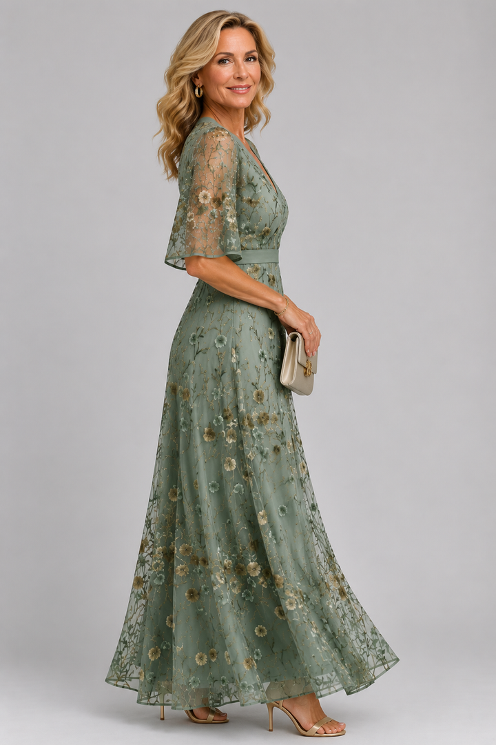 Rianne | Geborduurde Bloemen Midi-jurk