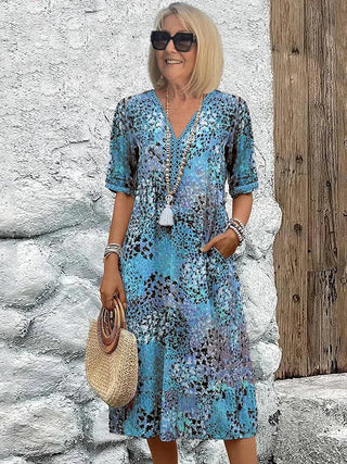 Noelle | Printed V Neck Short Sleeve Midi