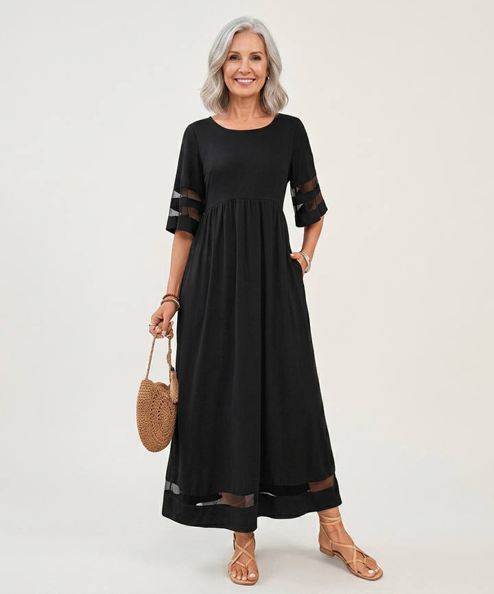 Anke | Soepelvallende Midi-jurk met Mesh-detail